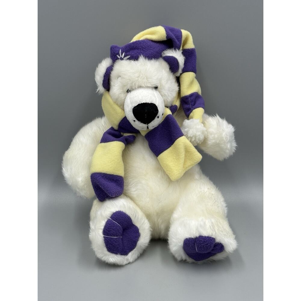 White Polar Bear Plush In Yellow & Purple Hat & Scarf 11” Stuffed Animal